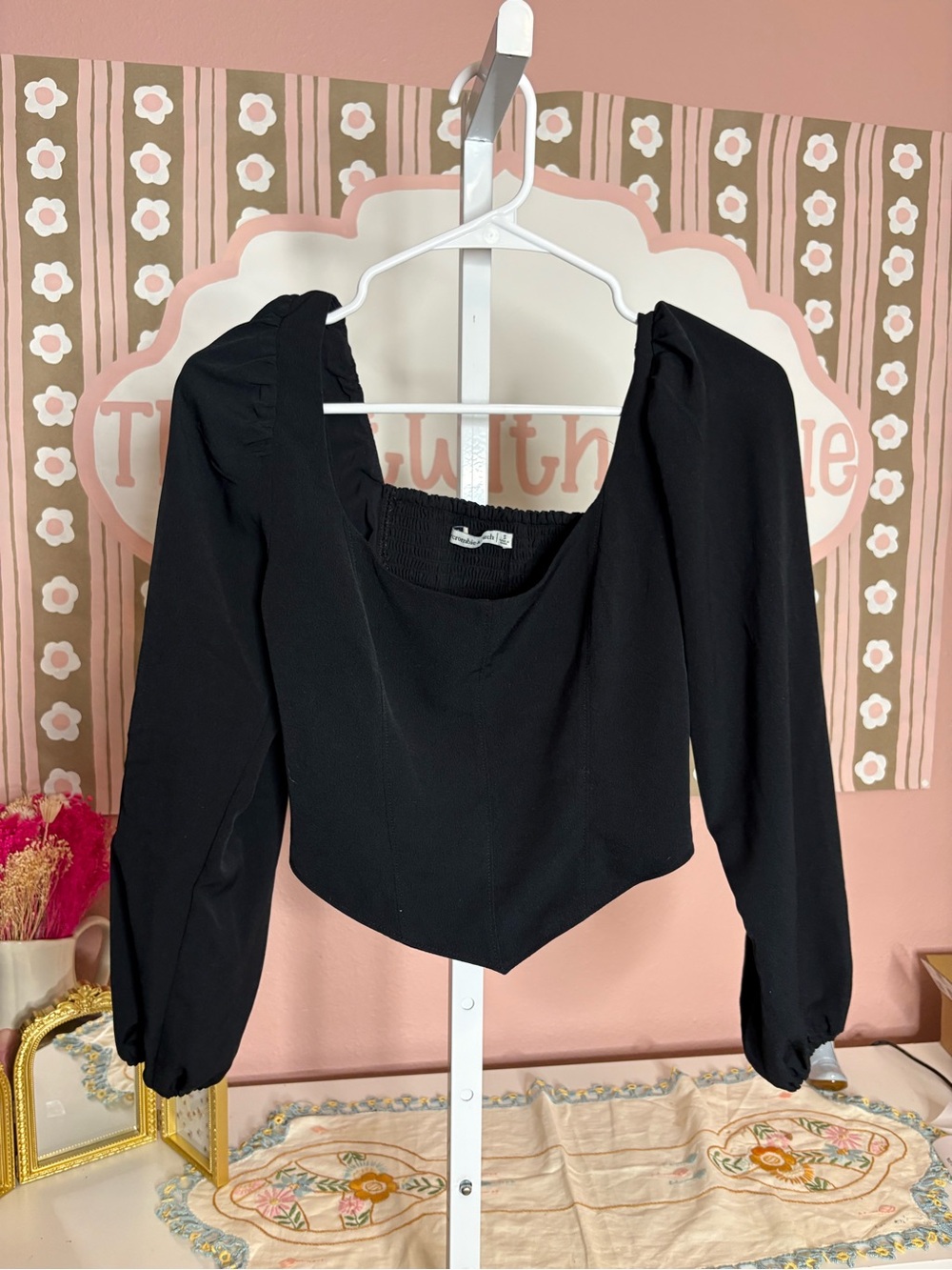 Abercrombie and Fitch Women's Black Puff-Sleeve Square-Neck Blouse